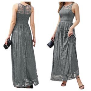 Wedtrend Gray Floral Lace Maxi Sleeveless Bridesmaid Formal Wedding Party Gown